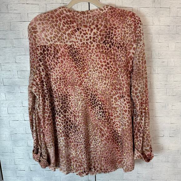 Kim Rogers blouse pink gold animal print bohemian roll tap sleeve plus size ￼ - Picture 2 of 7